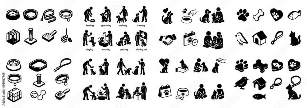 Naklejka premium Pet care icons with paw bowl bone minimal