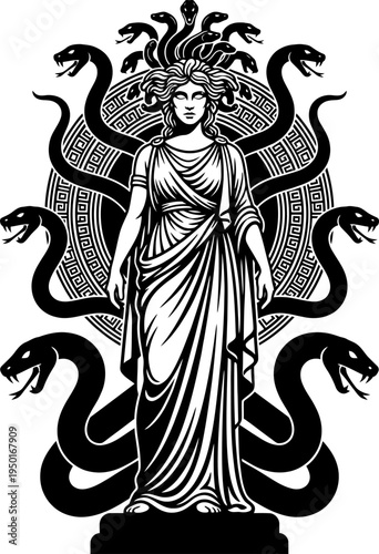 Medusa Gorgon statue full body greek meander pedestal