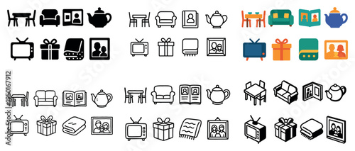 Home icons with sofa teapot table minimal