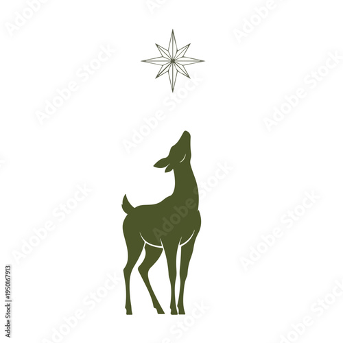 Minimalist Illustration of a Deer Silhouette Gazing Up at a Star in a Serene Night Sky