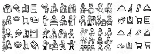 Hospitality icons with bell broom cart outline