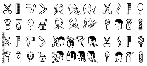 Hair salon icons with scissors comb dryer outline