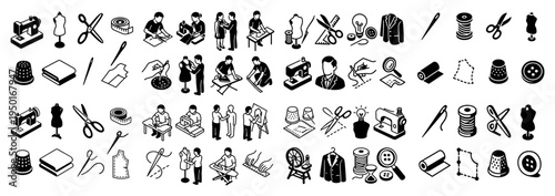 Sewing icons with mannequin scissors thread minimal