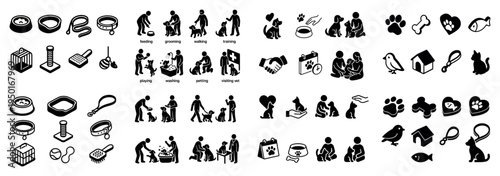 Pet care icons with paw bowl bone minimal