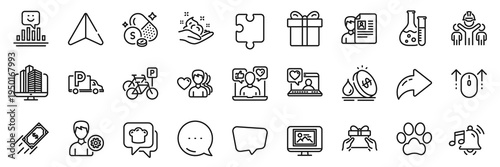 Puzzle, Chat message and Smile line icons pack. Share, Message, Paper plane icons. Truck parking, Fast payment, Sulfur mineral web icon. Photo thumbnail, Social media, Dog paw pictogram. Vector