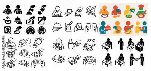 Dining icons with plate cup spoon hand