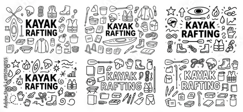 Kayak icons with paddle helmet life jacket outline