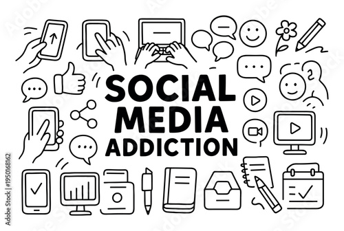 Social media icons with phone hand keyboard outline