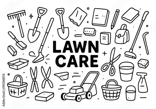 Lawn care icons with mower shears spade outline