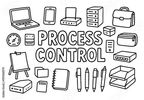 Process icons with laptop phone server outline