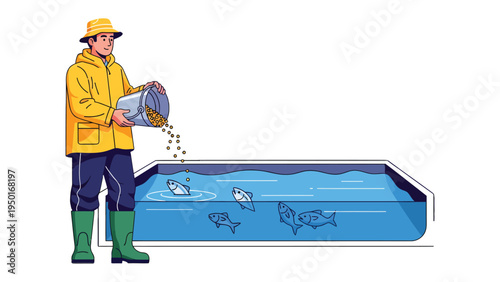 Fisherman Feeding Fish: A fisherman in yellow attire, feeds fish in an artificial water pond, representing aquaculture or fishery practices.