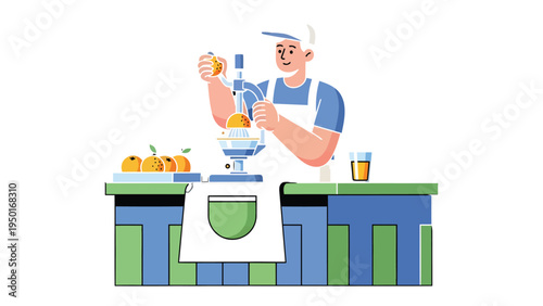 Freshly Squeezed Citrus Delights: A vendor, at his stall, expertly squeezing vibrant oranges to produce refreshing juice.