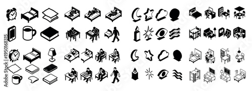 Bedroom icons with bed lamp book minimal