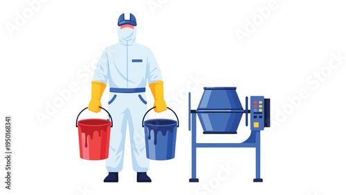 Construction Worker with Protective Gear: A construction worker stands confidently, clad in full protective gear, holding paint buckets. Beside him stands a robust cement mixer.