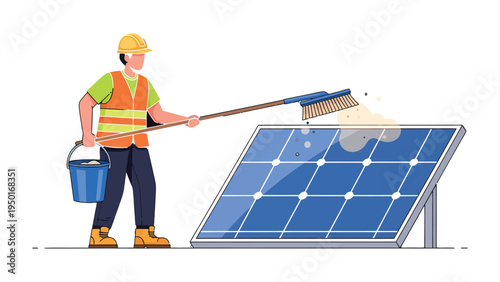Solar Panel Cleaning: An industrious worker diligently cleans a solar panel with a brush. This image symbolizes the process of maintaining and ensuring the effective generation of renewable energy.