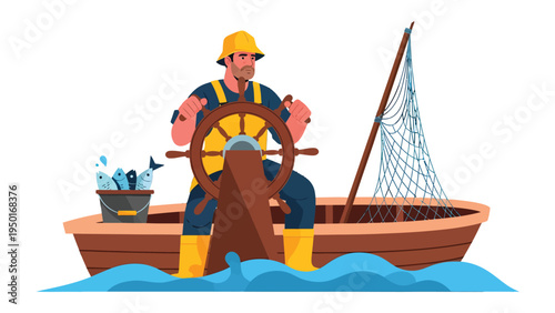 The Mariner's Craft: A weathered mariner steers his vessel, net and catch beside him, against the sea, embodying the essence of adventure and labor.