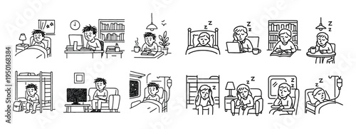 Wellness icons with person bed chair outline