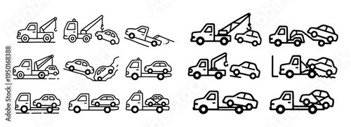 Transportation icons with tow truck and car outline