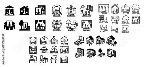 Home icons with house curtain stage minimal outline