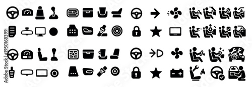 Automotive icons with steering wheel seatbelt dashboard glyph