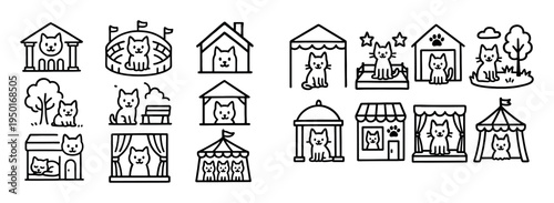 Pet icons with cat house and tent outline