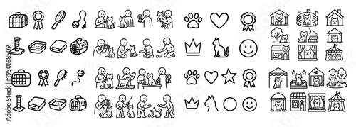 Pet care icons with dog cat house minimal