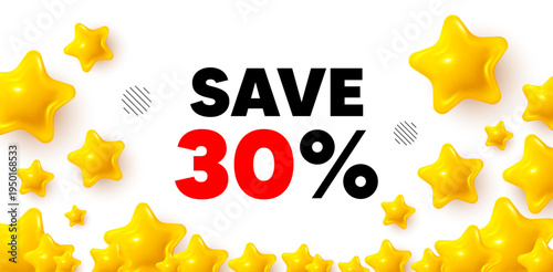 Discount winner banner with 3d stars. Golden stars banner. Save 30 percent off tag. Sale Discount offer price sign. Special offer symbol. Review rate background. Vector