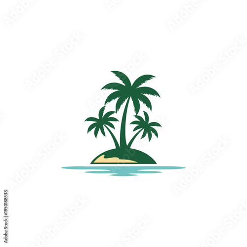 Simple Vector Illustration Depicting a Tropical Island with Three Palm Trees and Ocean Water