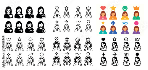 Profile avatar icons with woman heart crown minimal