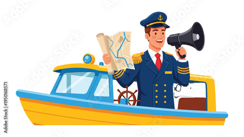 The Guiding Voice: A captain in uniform, holding a map and megaphone, stands at the helm of a boat, ready to lead and inform.