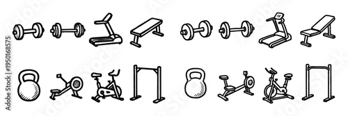 Fitness icons with dumbbell treadmill bench outline