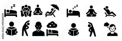 Wellness icons with bed person yoga flat