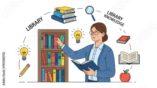 Knowledge and Guidance: A librarian in glasses, standing amidst a library setting, embodies knowledge and provides guidance, surrounded by the tools and symbols of learning. 