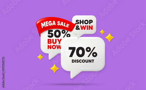 Discount speech bubbles. Mega sale flag ribbon. 70 percent discount tag. Sale offer price sign. Special offer symbol. Discount chat bubbles with 3d sparkles. Vector