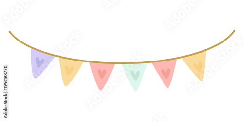 A pastel-colored garland of triangular flags with hearts for the holiday. Vector illustration.