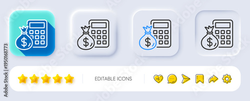 Calculator with money bag line icon. Neumorphic, Flat shadow, 3d buttons. Accounting sign. Calculate finance symbol. Line finance Calculator icon. Social media icons. Vector