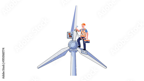 Wind Turbine Technician: A skilled technician, equipped with tools, diligently maintains a towering wind turbine, embodying the spirit of sustainable energy and technological innovation.