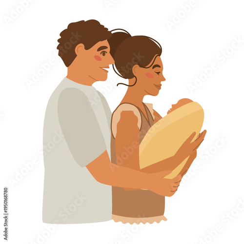 Happy parents with a newborn baby. The mother holds the baby in her arms and smiles. Vector illustration. Waist-high view.