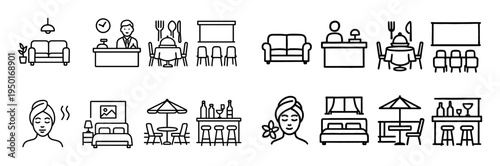 Hospitality icons with sofa bed bar outline