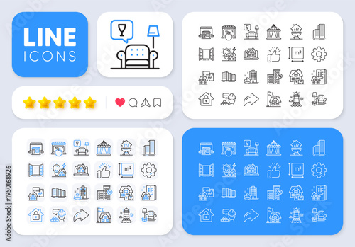 Home grill, Home moving and Property agency line icons for web app. Message, Share, Like social media icons. Pack of Loan house, Realtor, Circus tent pictogram icons. Vector