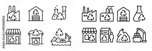 Recycling icons with factory shop bin simple outline