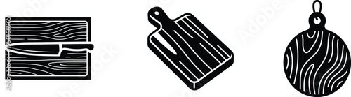 Wooden Cutting Board and Knife Icons Set - Kitchen Cooking Utensils Chopping Block Line Art Illustrations for Culinary Restaurant Design
