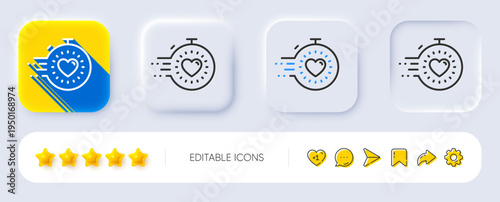 Timer line icon. Neumorphic, Flat shadow, 3d buttons. Time management sign. Stopwatch with heart symbol. Line timer icon. Social media icons. Vector