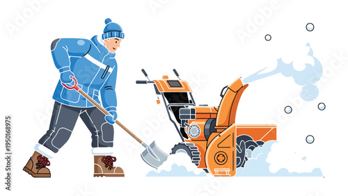 Winter Warrior: An individual, geared up in winter attire, tackles the challenge of removing snow using a snow blower and shovel. Embracing winter chores with determination and efficiency.