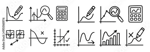 Analytics icons with graphs pencils and magnifier outline