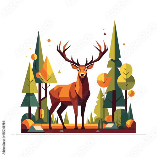 Geometric illustration of a majestic stag standing in a vibrant autumn forest, gazing forward