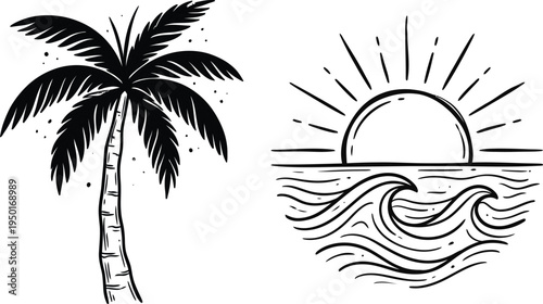 Palm Tree and Ocean Sunset Icons Set - Tropical Beach Waves Sun Line Art Illustrations for Summer Vacation Travel Design Elements
