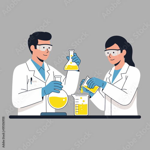 Scientists in Lab Coats Conducting Chemical Experiment with Yellow Liquids