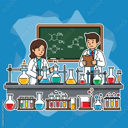 Scientists in lab coats conducting chemistry experiment with beakers and flasks on a table