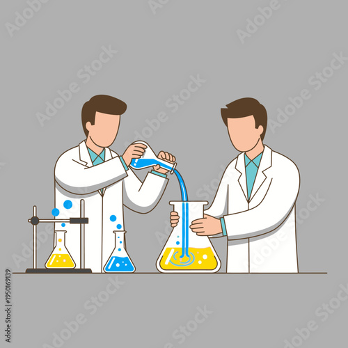 Scientists in lab coats conducting experiment with beakers and flasks, pouring liquid